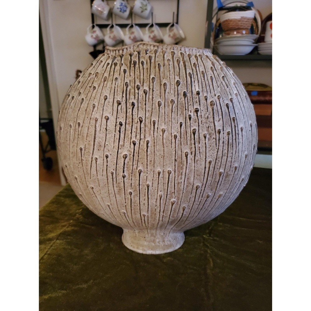 MCM 70s Round Ceramic Vase with Textured Drip‎ Design, Signed Pottery Decor